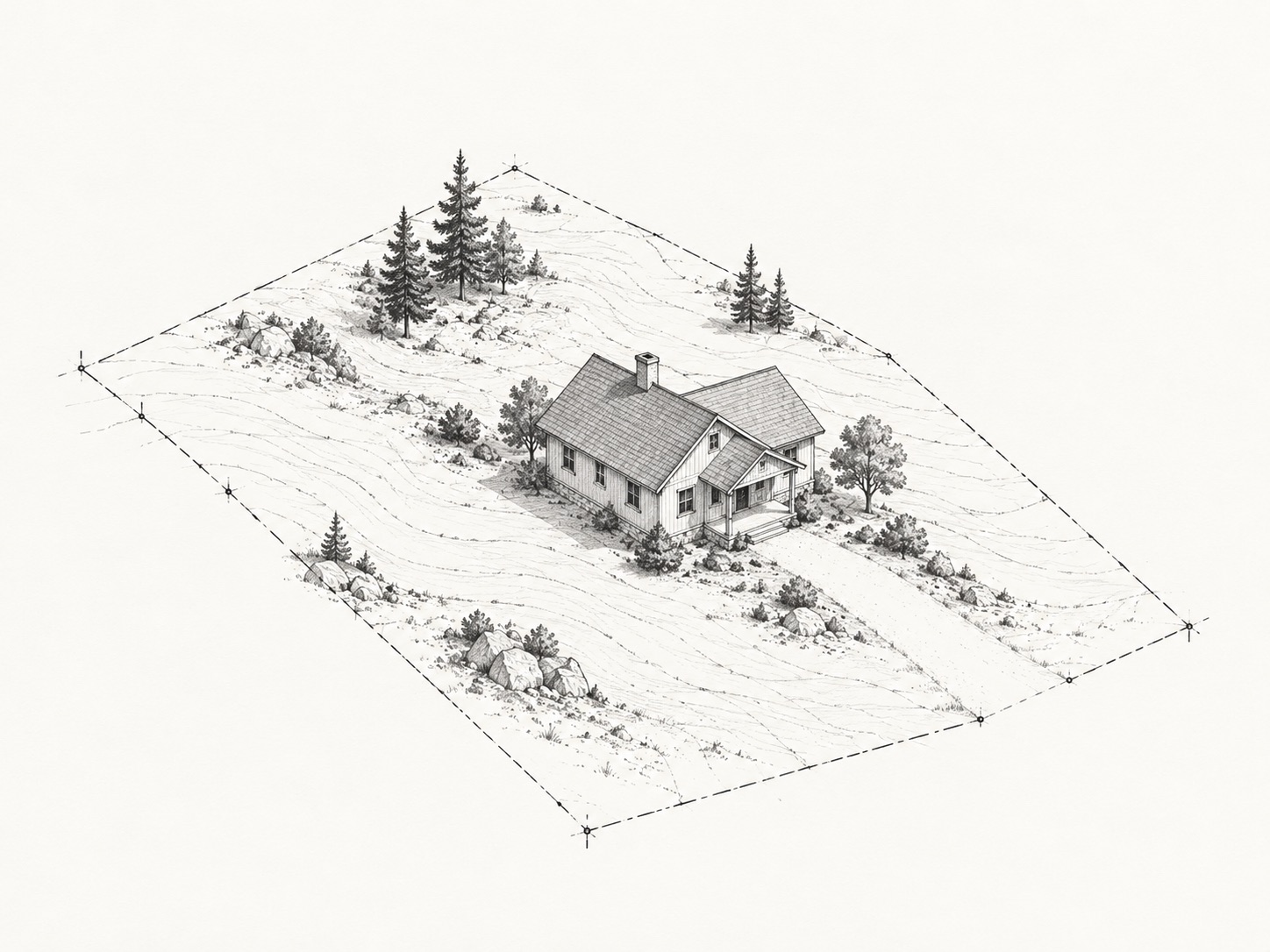 Sketch of a house placed on a bounded parcel